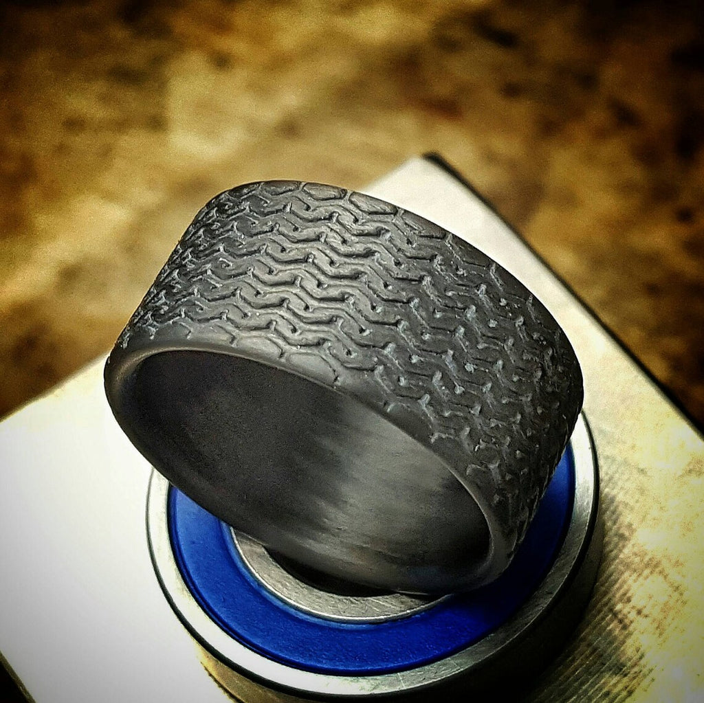 Carbon Fiber Tire Tread Ring: Vintage Racer Wedding Band, 10mm