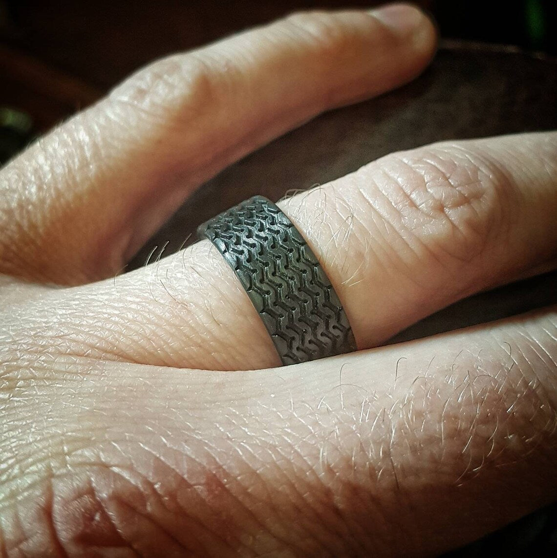 Carbon Fiber Tire Tread Ring: Vintage Racer Wedding Band, 10mm