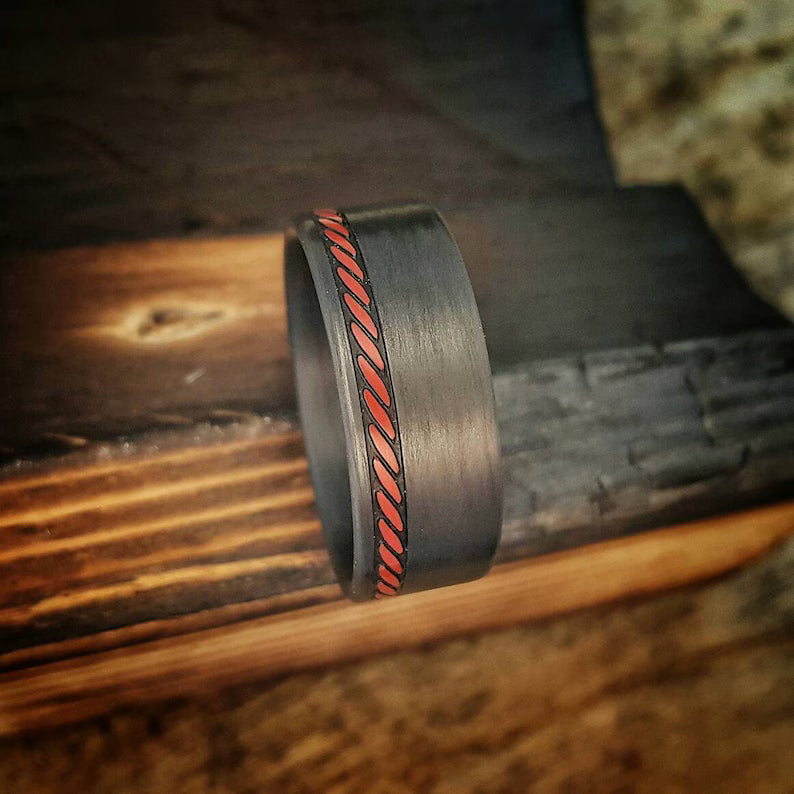 Stitched Carbon Fiber Ring: Thin Red Line Firefighter Gift
