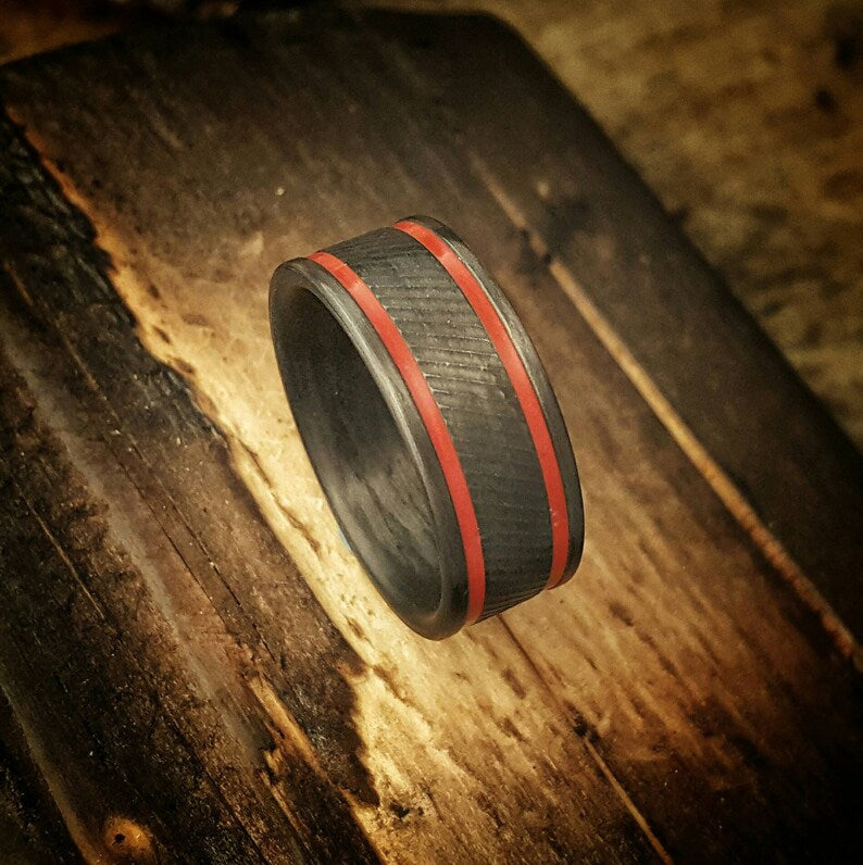 Serrated Carbon Fiber Ring: Red Edge Inset, Comfort Fit Wedding Band