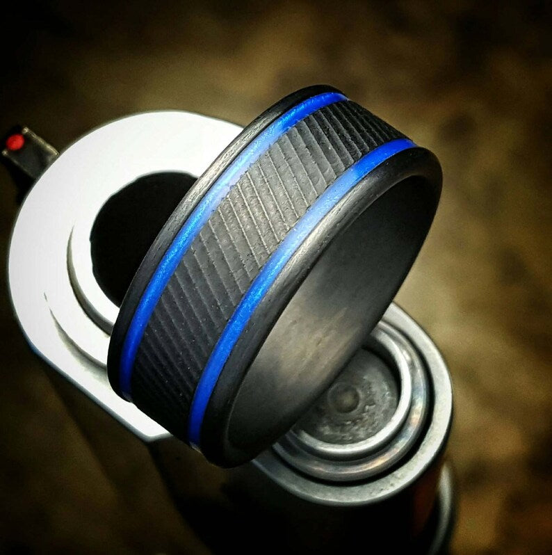 Serrated Carbon Fiber Ring: Blue Edge, Comfort Fit Wedding Band
