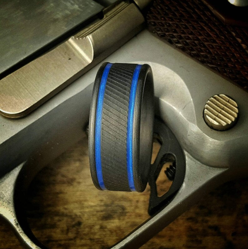 Serrated Carbon Fiber Ring: Blue Edge, Comfort Fit Wedding Band