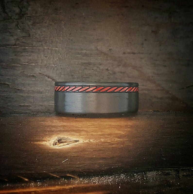 Stitched Carbon Fiber Ring: Thin Red Line Firefighter Gift