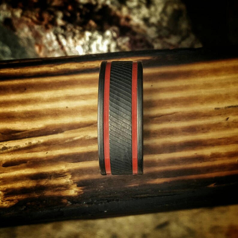 Serrated Carbon Fiber Ring: Red Edge Inset, Comfort Fit Wedding Band