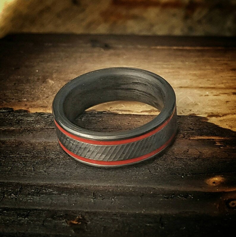 Serrated Carbon Fiber Ring: Red Edge Inset, Comfort Fit Wedding Band