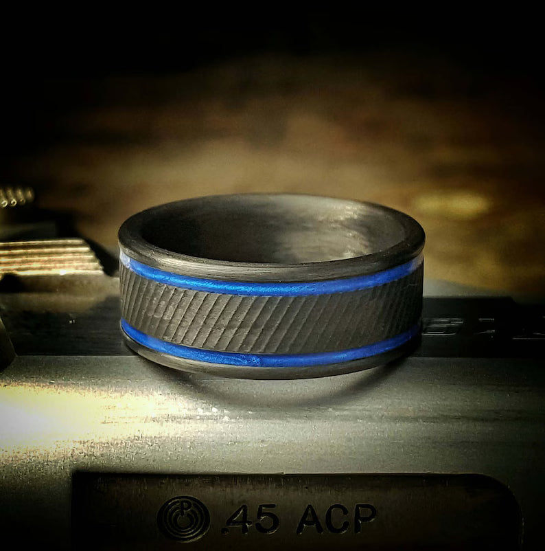 Serrated Carbon Fiber Ring: Blue Edge, Comfort Fit Wedding Band