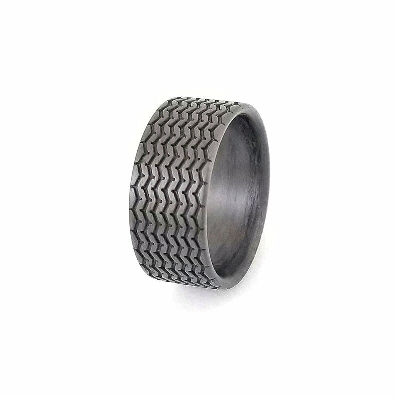 Carbon Fiber Tire Tread Ring: Vintage Racer Wedding Band, 10mm