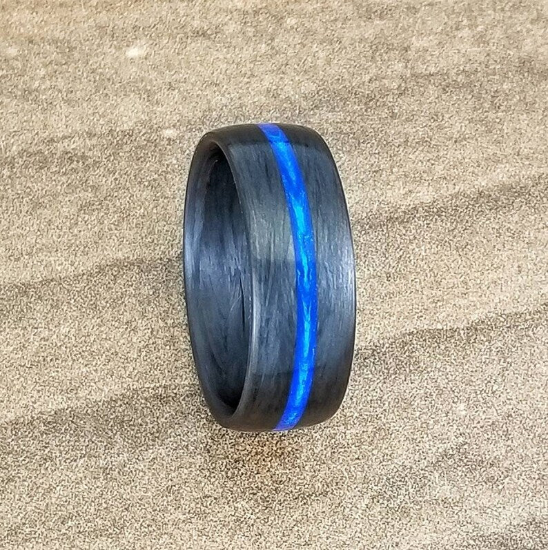 Carbon Fiber Thin Blue Line Ring: Law Enforcement Wedding Band