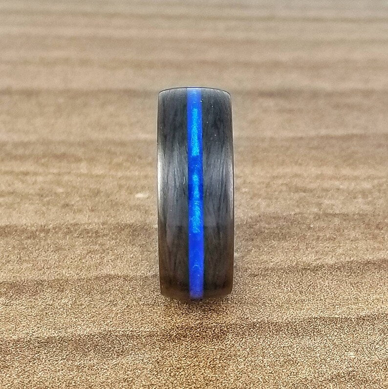 Carbon Fiber Thin Blue Line Ring: Law Enforcement Wedding Band