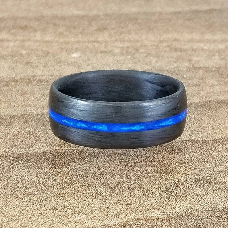 Carbon Fiber Thin Blue Line Ring: Law Enforcement Wedding Band