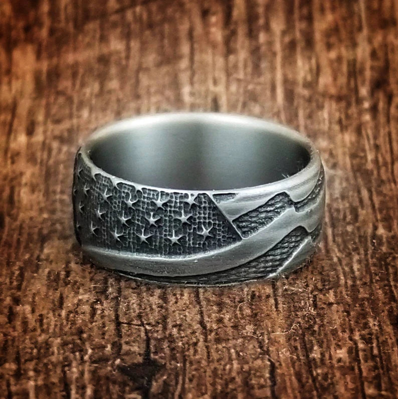 American Flag Titanium Ring: Battleworn Patriotic Wedding Band