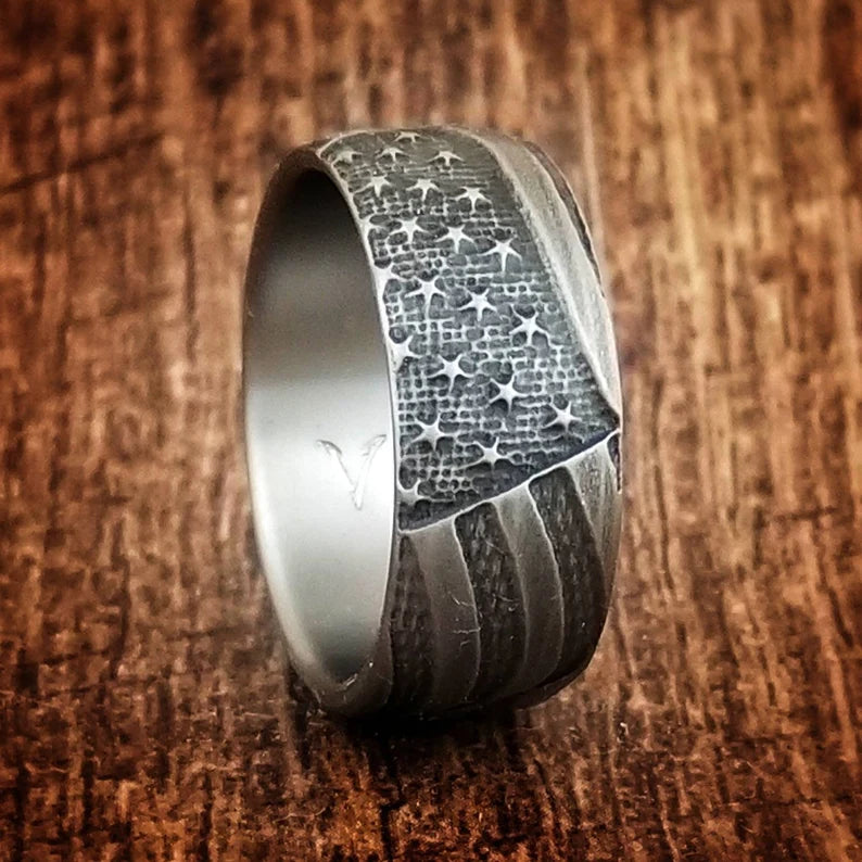 American Flag Titanium Ring: Battleworn Patriotic Wedding Band