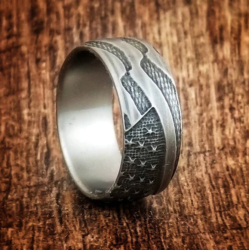 American Flag Titanium Ring: Battleworn Patriotic Wedding Band