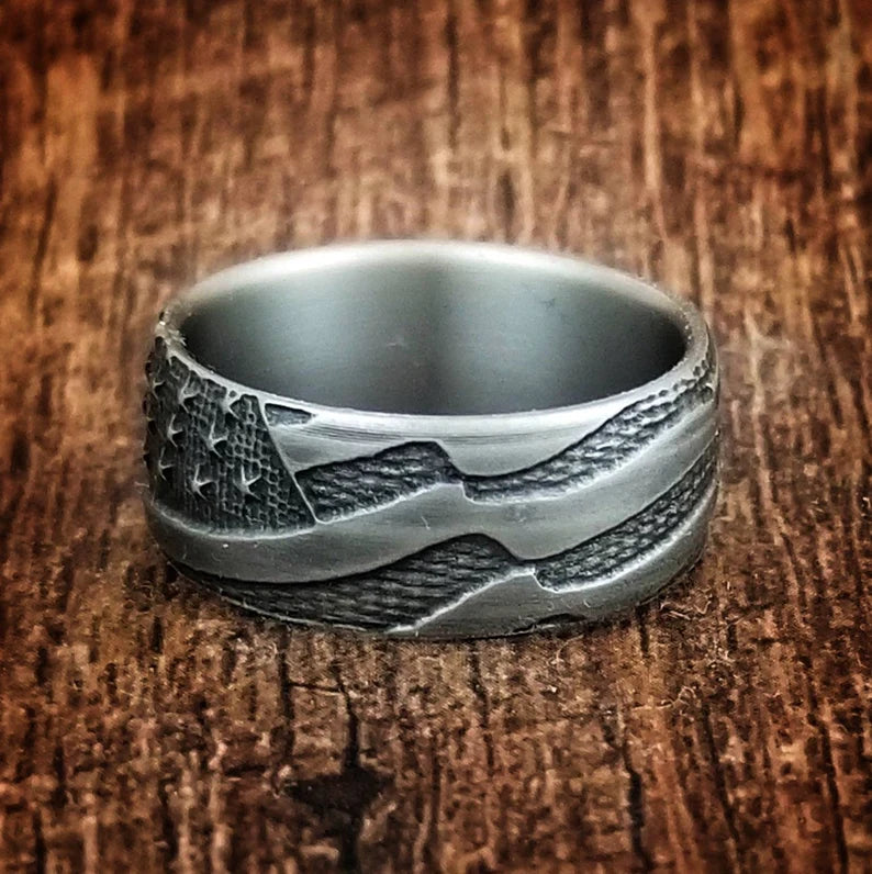 American Flag Titanium Ring: Battleworn Patriotic Wedding Band
