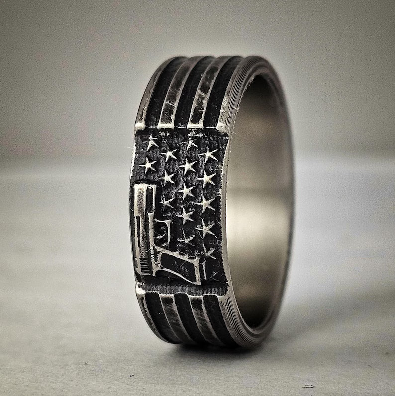 American Flag with Pistol, Titanium ring. Battleworn finish, Tough ring, Patriotic Wedding Band,