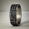 American Flag with Pistol, Titanium ring. Battleworn finish, Tough ring, Patriotic Wedding Band,