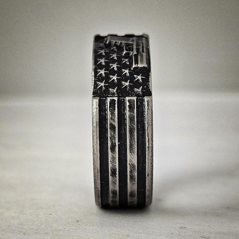 American Flag with Pistol, Titanium ring. Battleworn finish, Tough ring, Patriotic Wedding Band,