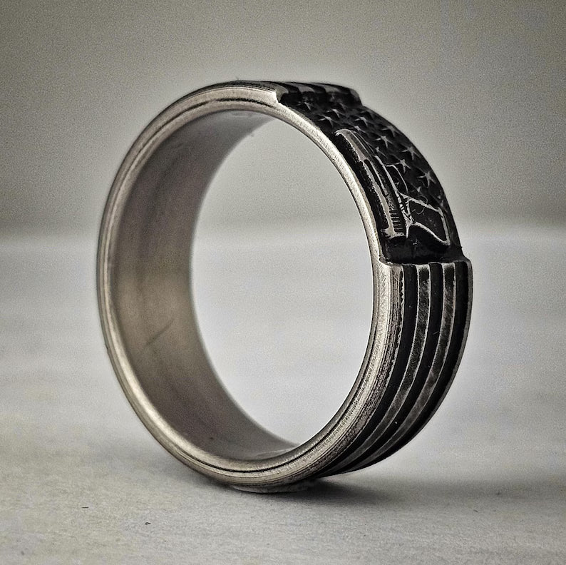 American Flag with Pistol, Titanium ring. Battleworn finish, Tough ring, Patriotic Wedding Band,