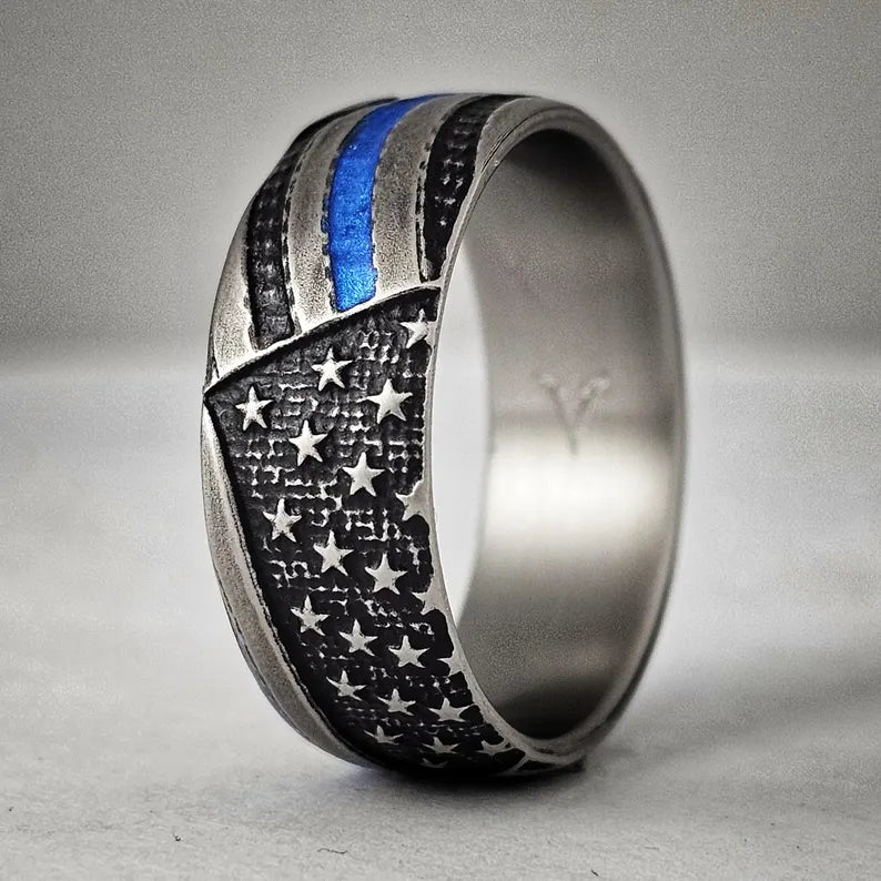 Thin Blue Line Titanium Ring: Battleworn American Flag Wedding Band
