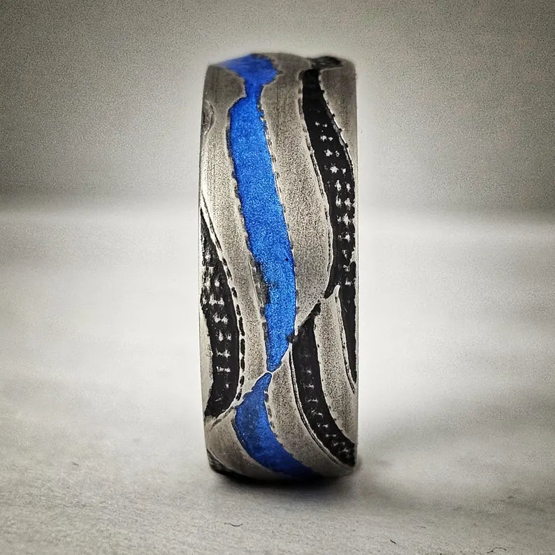 Thin Blue Line Titanium Ring: Battleworn American Flag Wedding Band