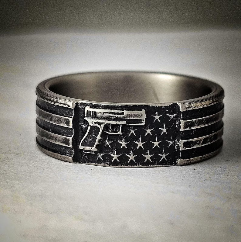 American Flag with Pistol, Titanium ring. Battleworn finish, Tough ring, Patriotic Wedding Band,