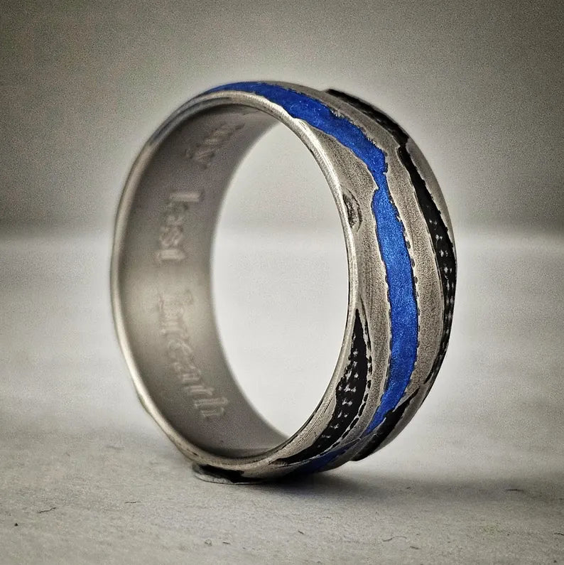 Thin Blue Line Titanium Ring: Battleworn American Flag Wedding Band