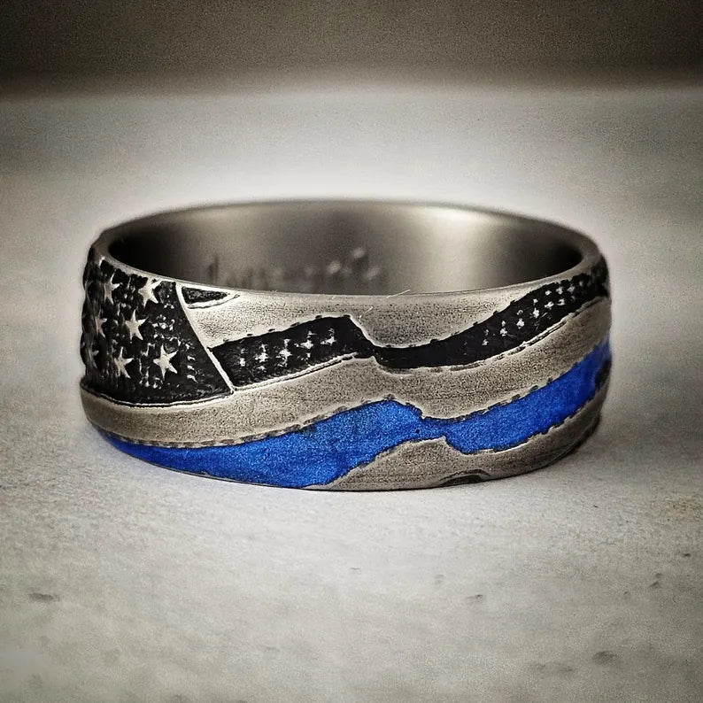 Thin Blue Line Titanium Ring: Battleworn American Flag Wedding Band