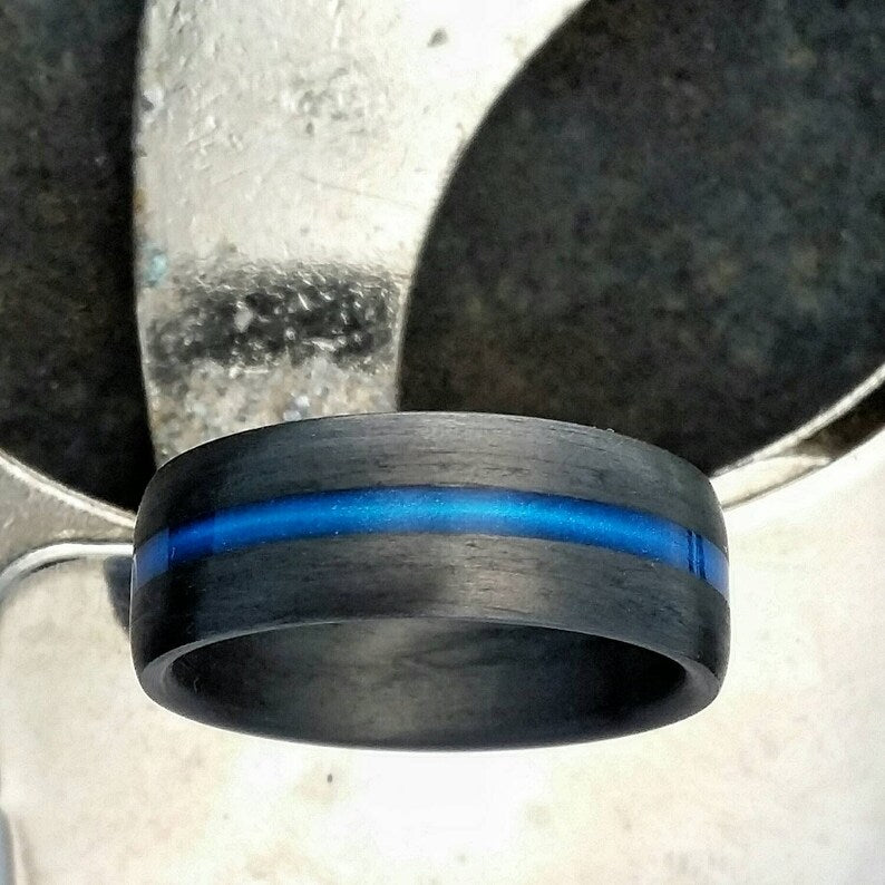 Carbon Fiber Thin Blue Line Ring: Law Enforcement Wedding Band