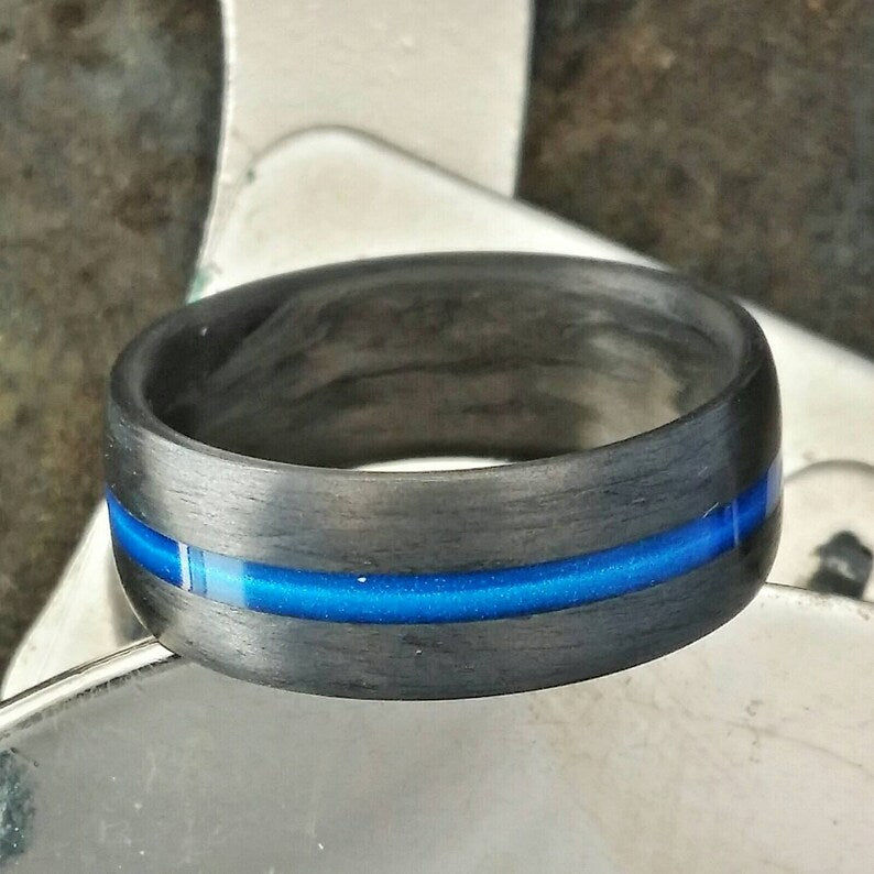 Carbon Fiber Thin Blue Line Ring: Law Enforcement Wedding Band