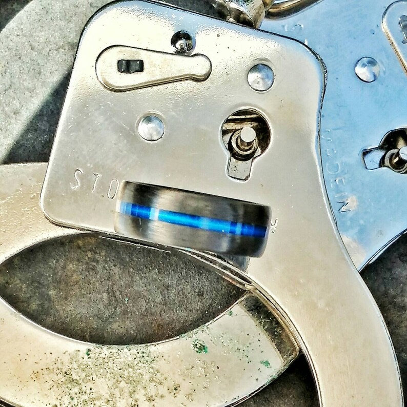 Carbon Fiber Thin Blue Line Ring: Law Enforcement Wedding Band